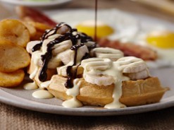 Waffles with bananas, chocolate and custard